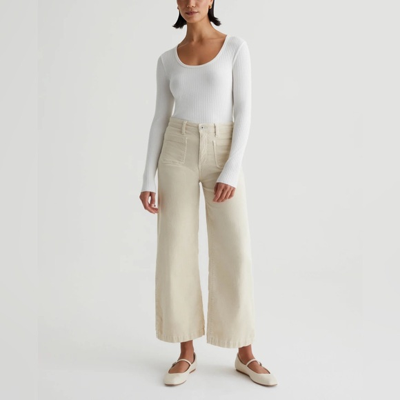 Ag Adriano Goldschmied Denim - AG Adriano Goldschmied Beige Kassie Corduroy High Rise Wide Leg Cropped Pants 26